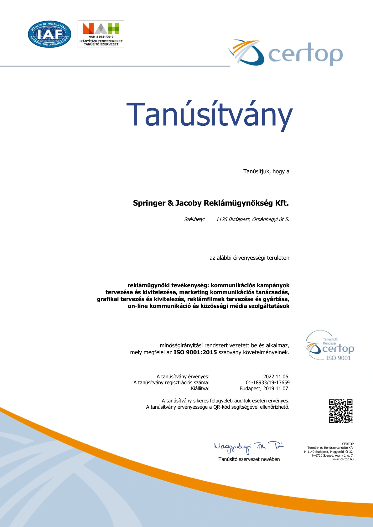 CERTOP ISO 9001:2015 Tanúsítvány